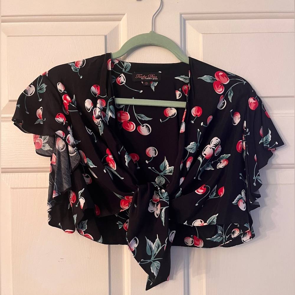 Trashy Diva Flutter Tie Front Cherry Print Crop C… - image 1